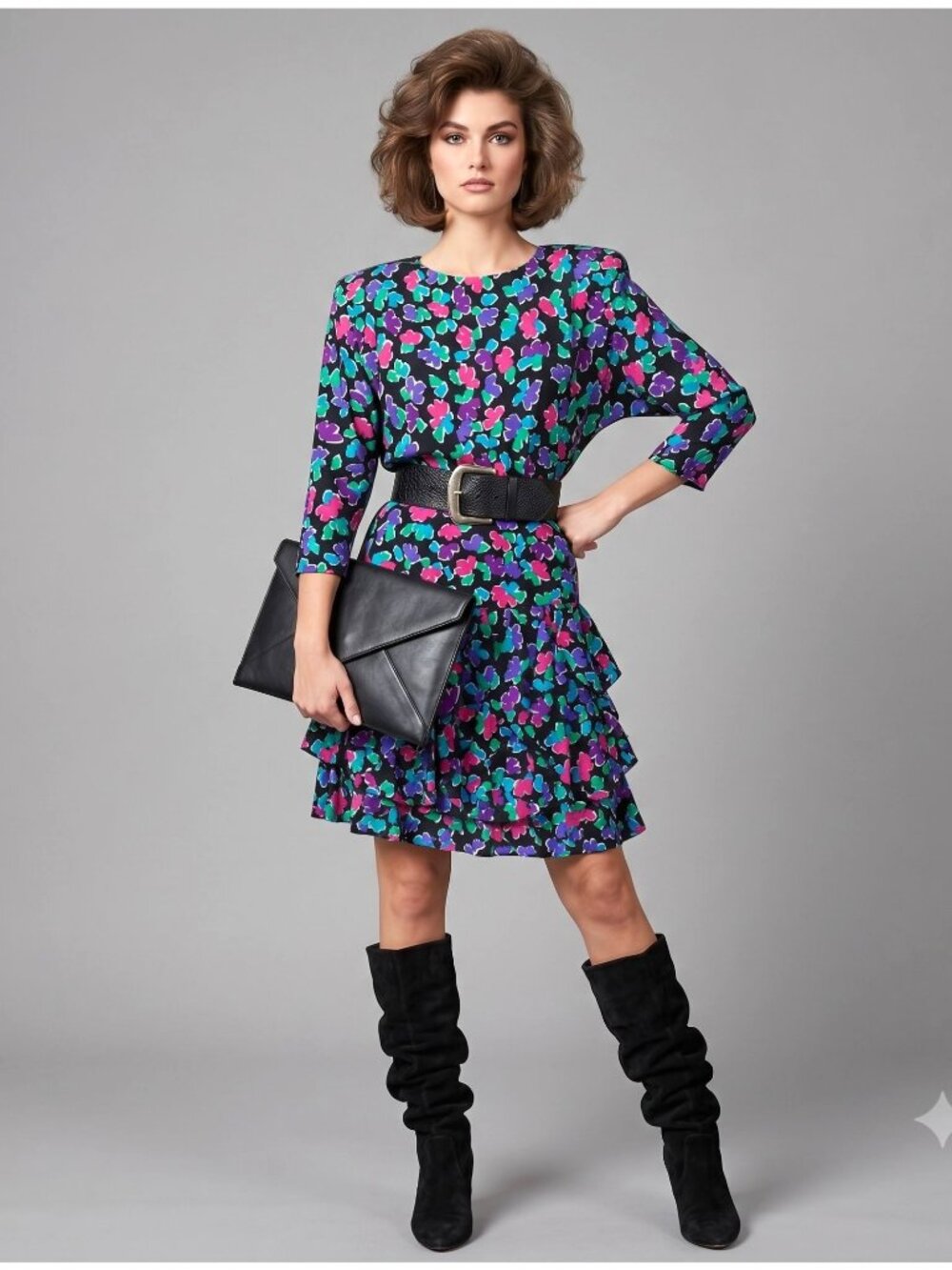 Gillian Vintage 80s Silk Dress 6 Floral Print Whimsy With Tiered Ruffle
